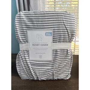 POTTERY BARN KIDS ORGANIC RUCHED STRIPE DUVET COVER F/Q GREY NEW